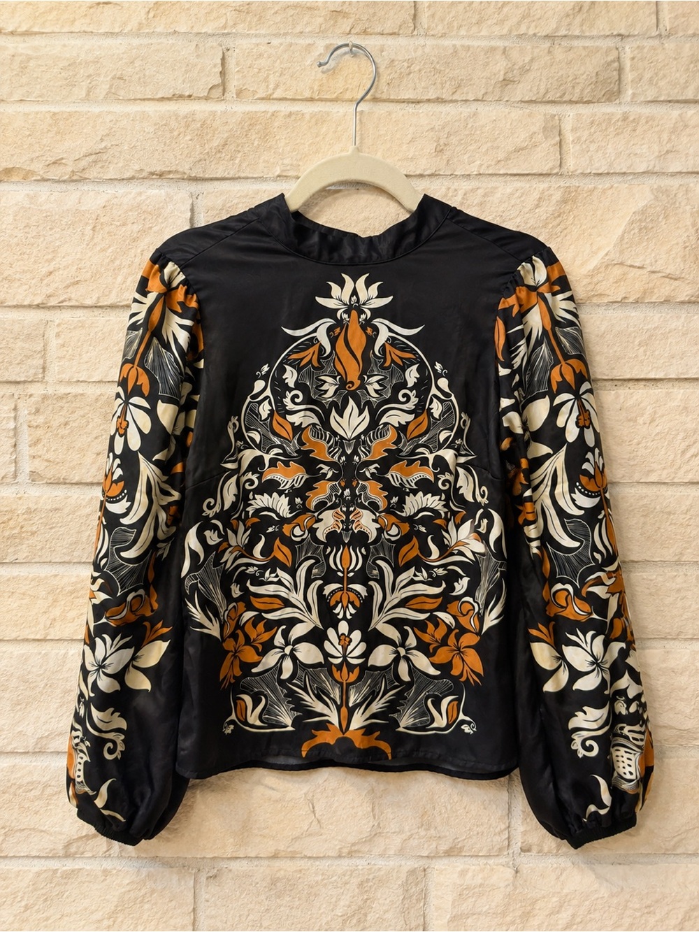 Joie M Baroque Floral Blouse Black Rust Puff Sleeve Boho Romantic Statement Top - Picture 2 of 5
